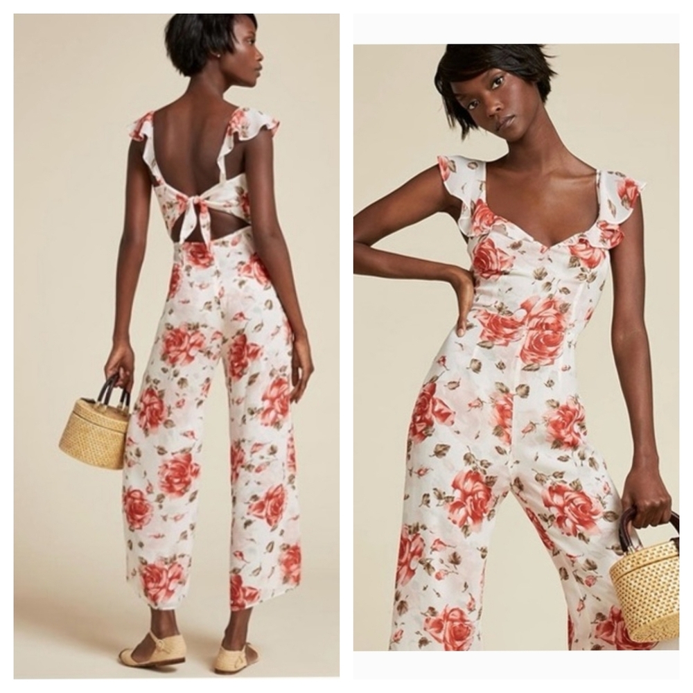 REFORMATION Miri Rose Viscose Floral Ruffle Sleeve Jumpsuit